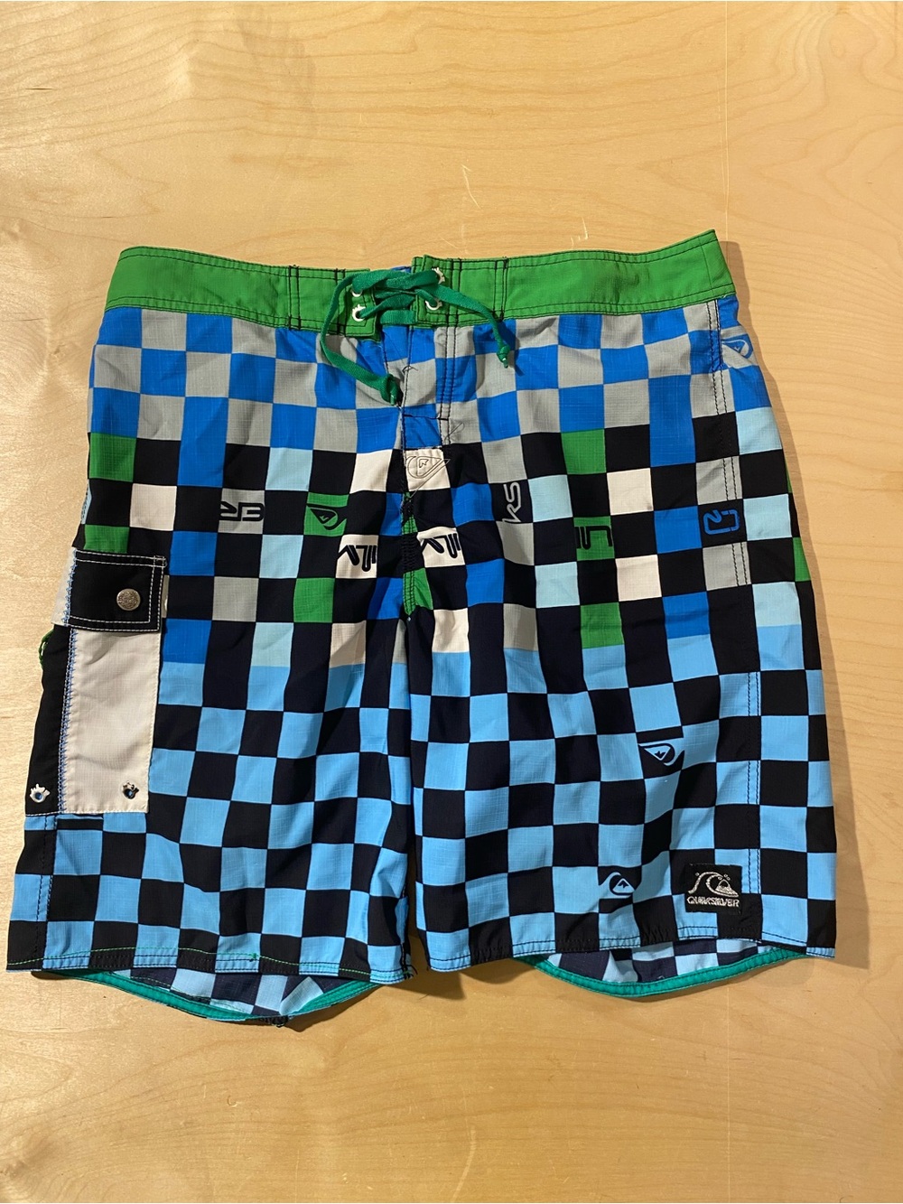 Quiksilver Blue, Green & Black Checkerboard Board Shorts 38 (BM)